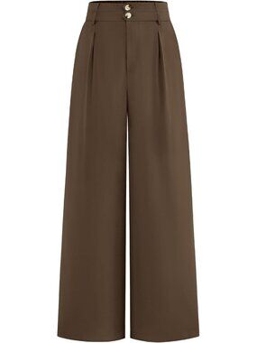 Women's Wide Leg Dress Pants Coffee High Waisted Button Pleated Trousers Palazzo